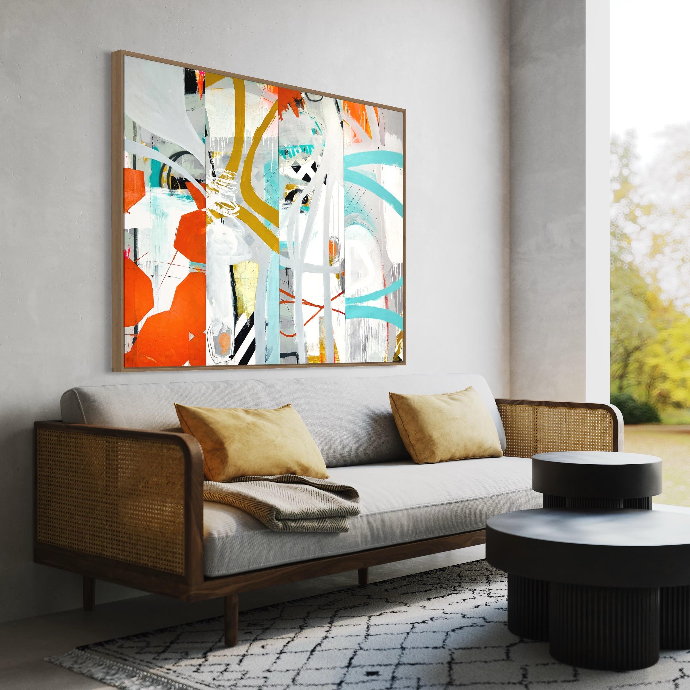 Mohnstich, Original Contemporary Bright Abstract Patterned Collage Painting
42x56x1,5 (HxBxT), Gemischte Medien

Kräftiges Orangerot, leuchtendes Cyan, gelber Ocker und eine Vielzahl kühler Grautöne ziehen sich durch die Komposition dieses