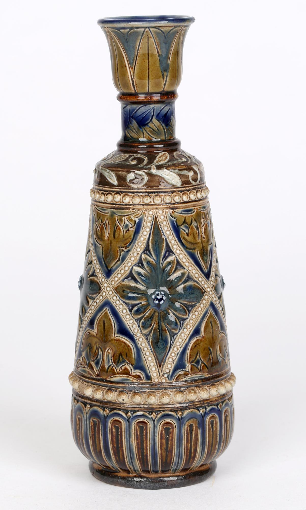 Glazed Sarah Fisher Doulton Lambeth Stylized Floral Art Pottery Vase 