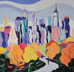 Otoño de Manhattan-paisaje urbano original de NY pintura surrealista abstracta-arte contemporáneo