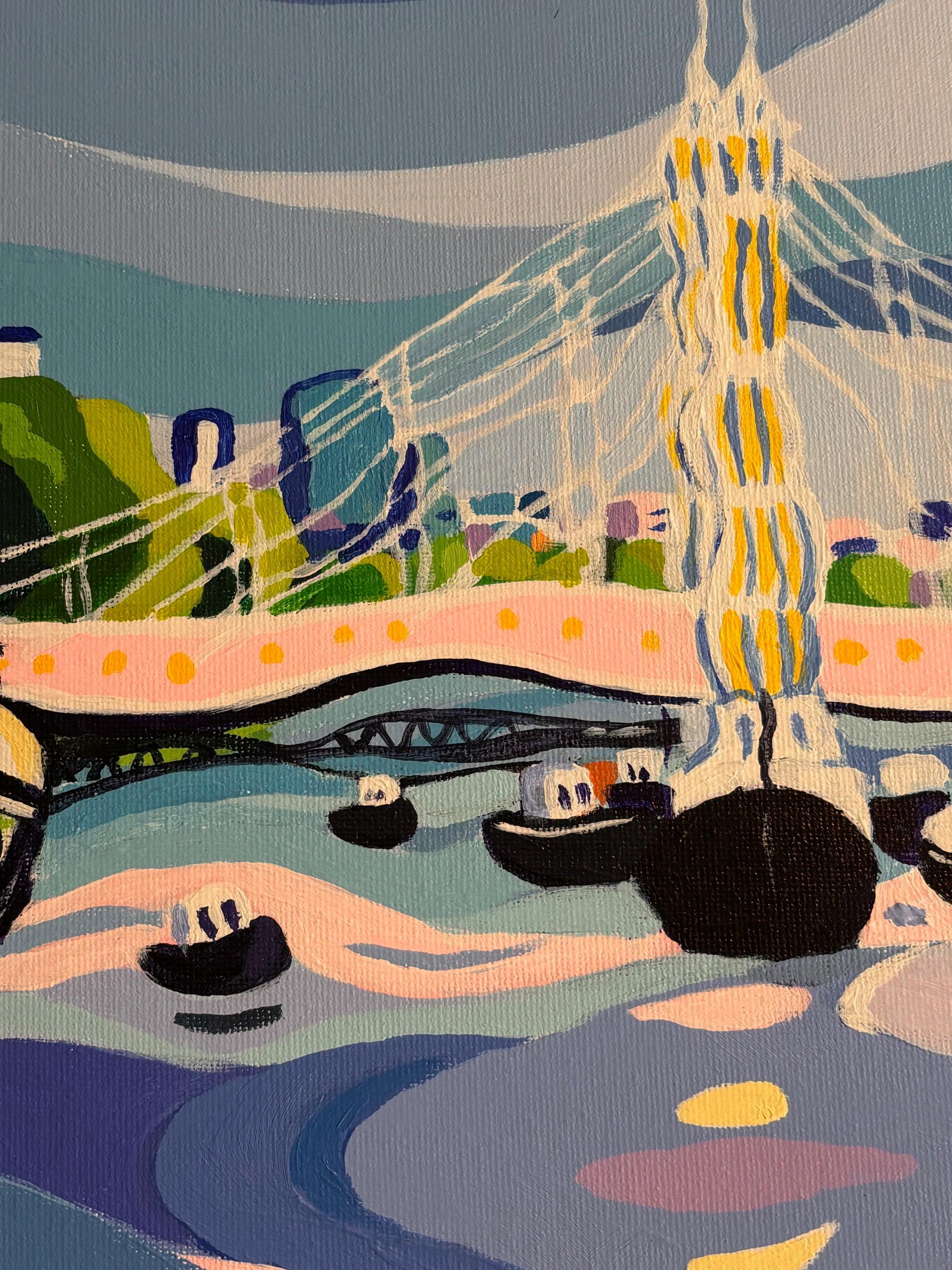 Albert Bridge Bummel-originale moderne Realismus Stadtbild Malerei-zeitgenössische Kunst (Blau), Abstract Painting, von Sarah Fosse