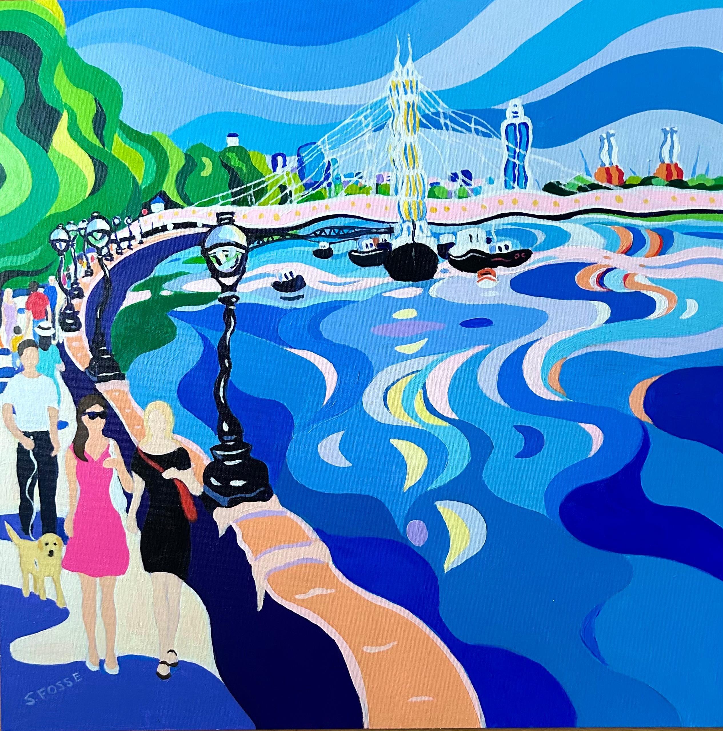 Albert Bridge Stroll-original modern realism cityscape painting-contemporary art