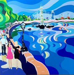 Paseo por el puente de Albert- pintura original de paisaje urbano de realismo moderno-arte contemporáneo