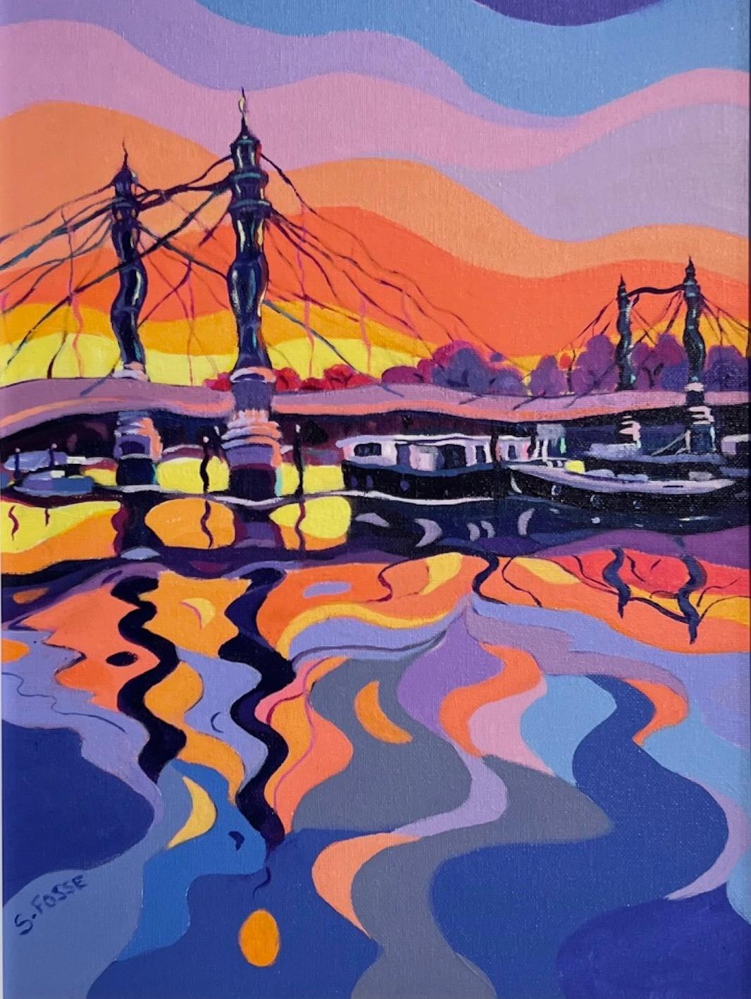 Peinture acrylique « Coucher de soleil sur le pont Albert », paysage urbain contemporain, 53 x 41 cm