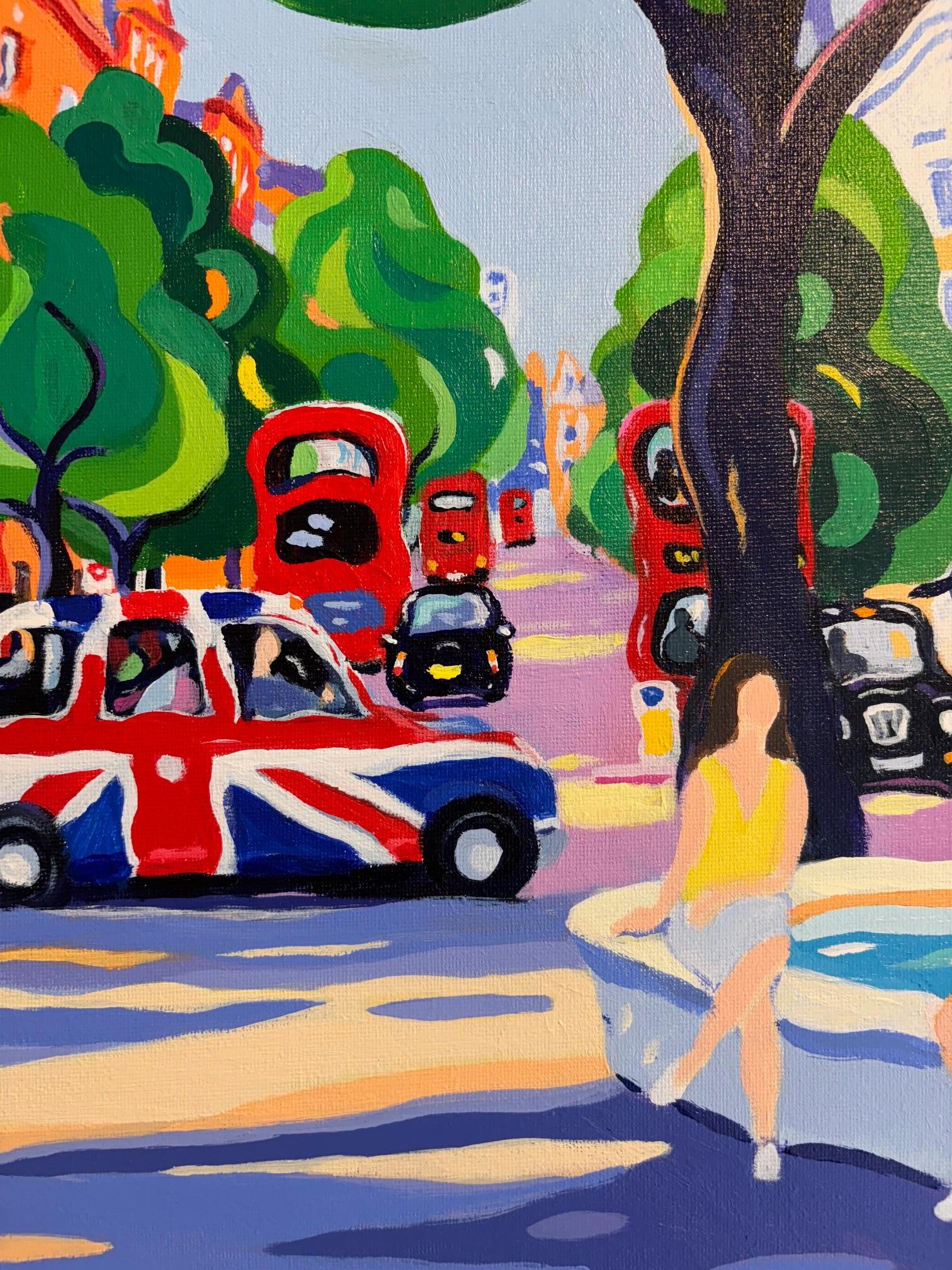 In the Cool of Sloane Square-pintura original de paisaje urbano moderno-arte contemporáneo - Abstract Painting Azul de Sarah Fosse