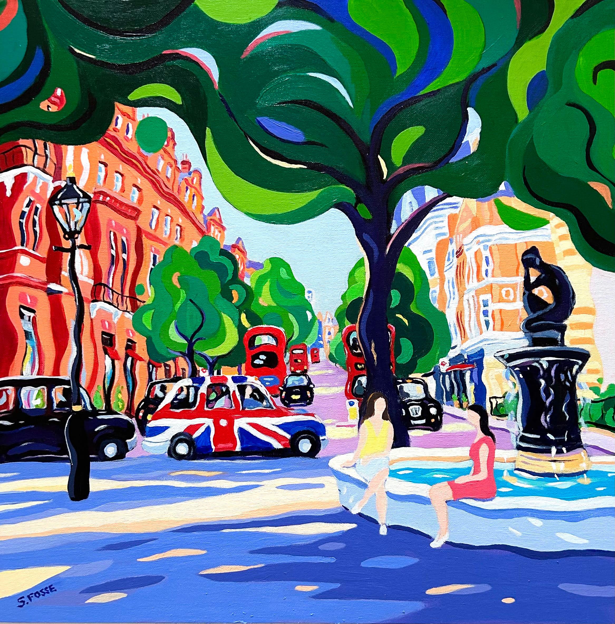 In the Cool of Sloane Square-pintura original de paisaje urbano moderno-arte contemporáneo