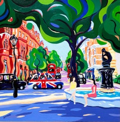 In the Cool of Sloane Square-pintura original de paisaje urbano moderno-arte contemporáneo