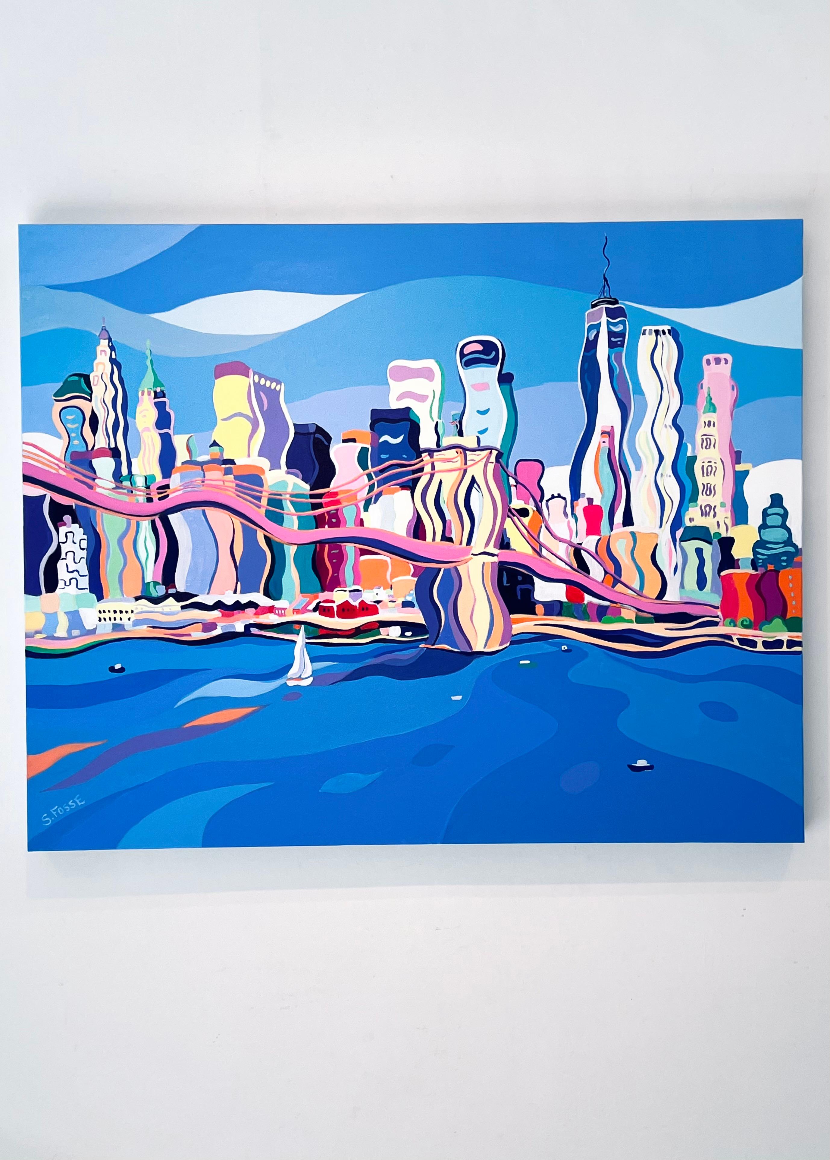 Melodie surreali del ponte - pittura astratta originale del paesaggio urbano di New York - Arte contemporanea - Abstract Painting Blu di Sarah Fosse
