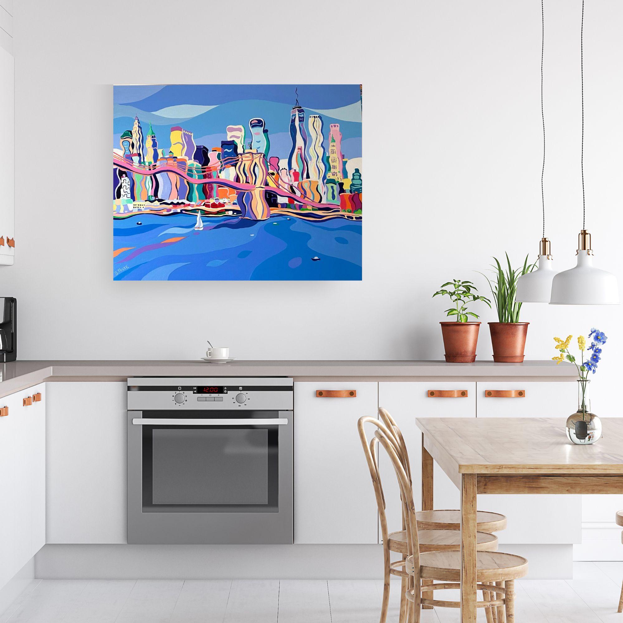 Surreal Bridge Melodies-original NY cityscape abstract painting-contemporary Art - Gray Abstract Painting by Sarah Fosse