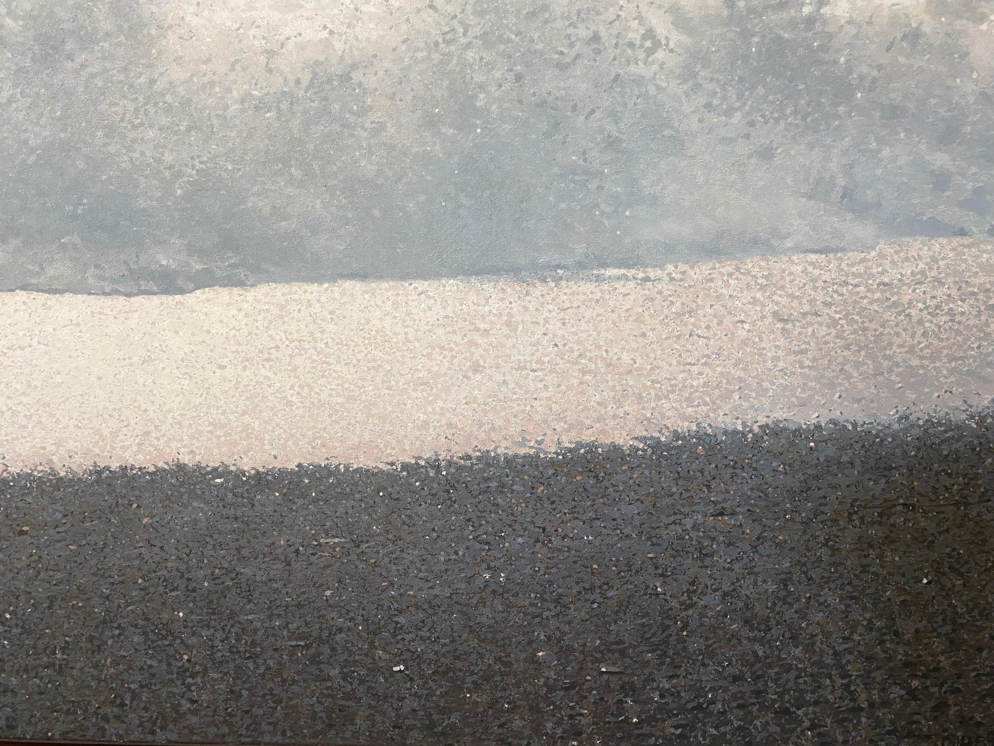 Sunyata, una escena costera, está pintada con una intensidad única. 
El cuadro en sí mide 42 x 64 pulgadas por lo que la otra dimensión está enmarcada. En un precioso marco teñido de madera. A través de esta intensidad, Sarah ha encontrado expresión