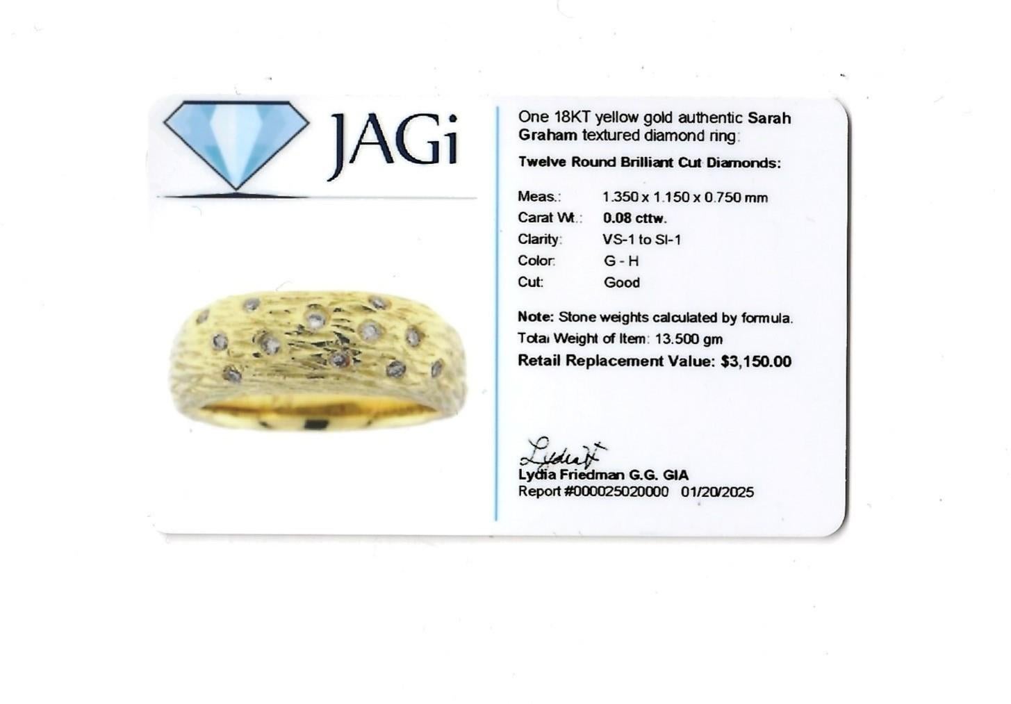 Sarah Graham Textured Band Ring with Round Diamonds in 18 Karat Yellow Gold For Sale 7