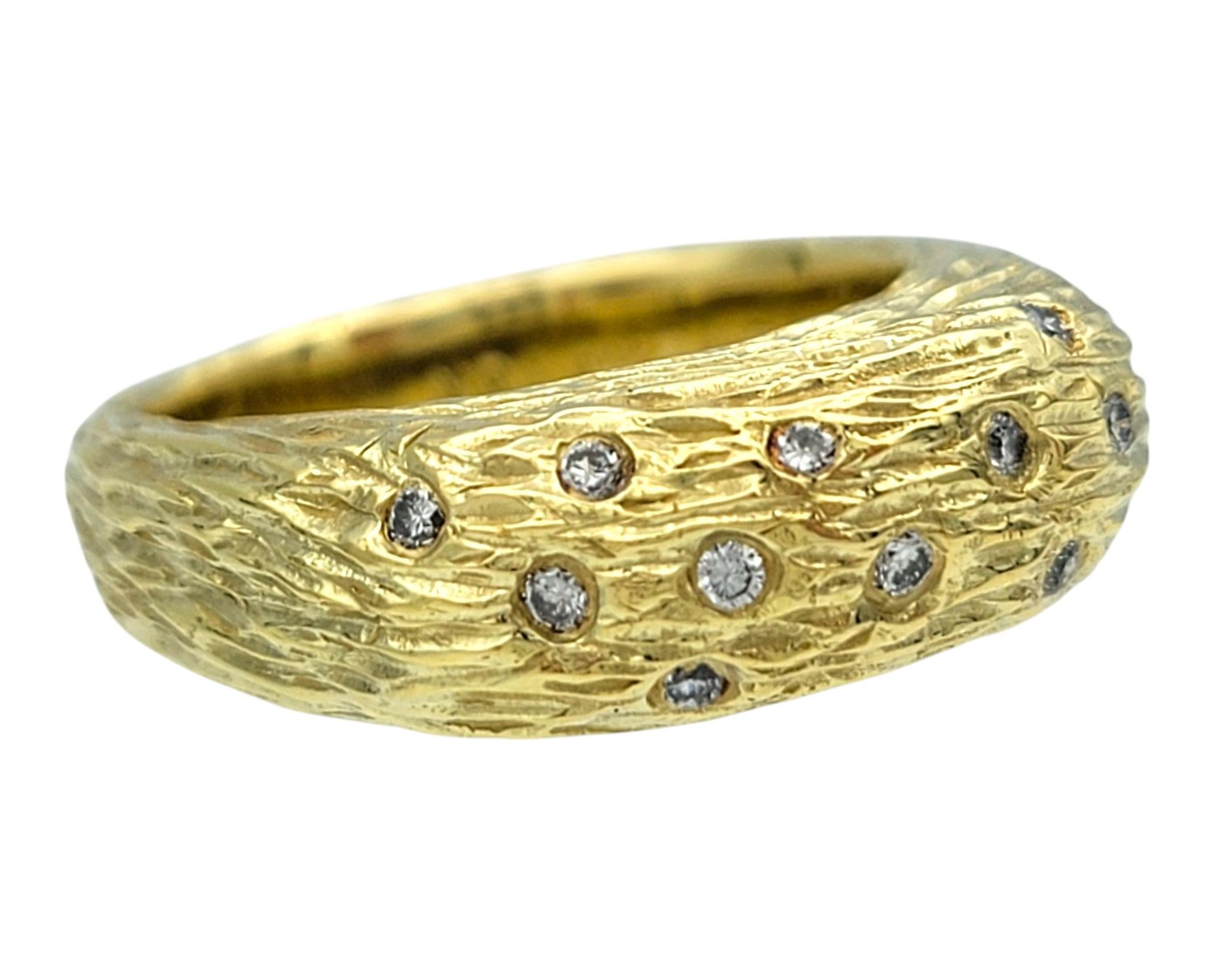 Round Cut Sarah Graham Textured Band Ring with Round Diamonds in 18 Karat Yellow Gold For Sale