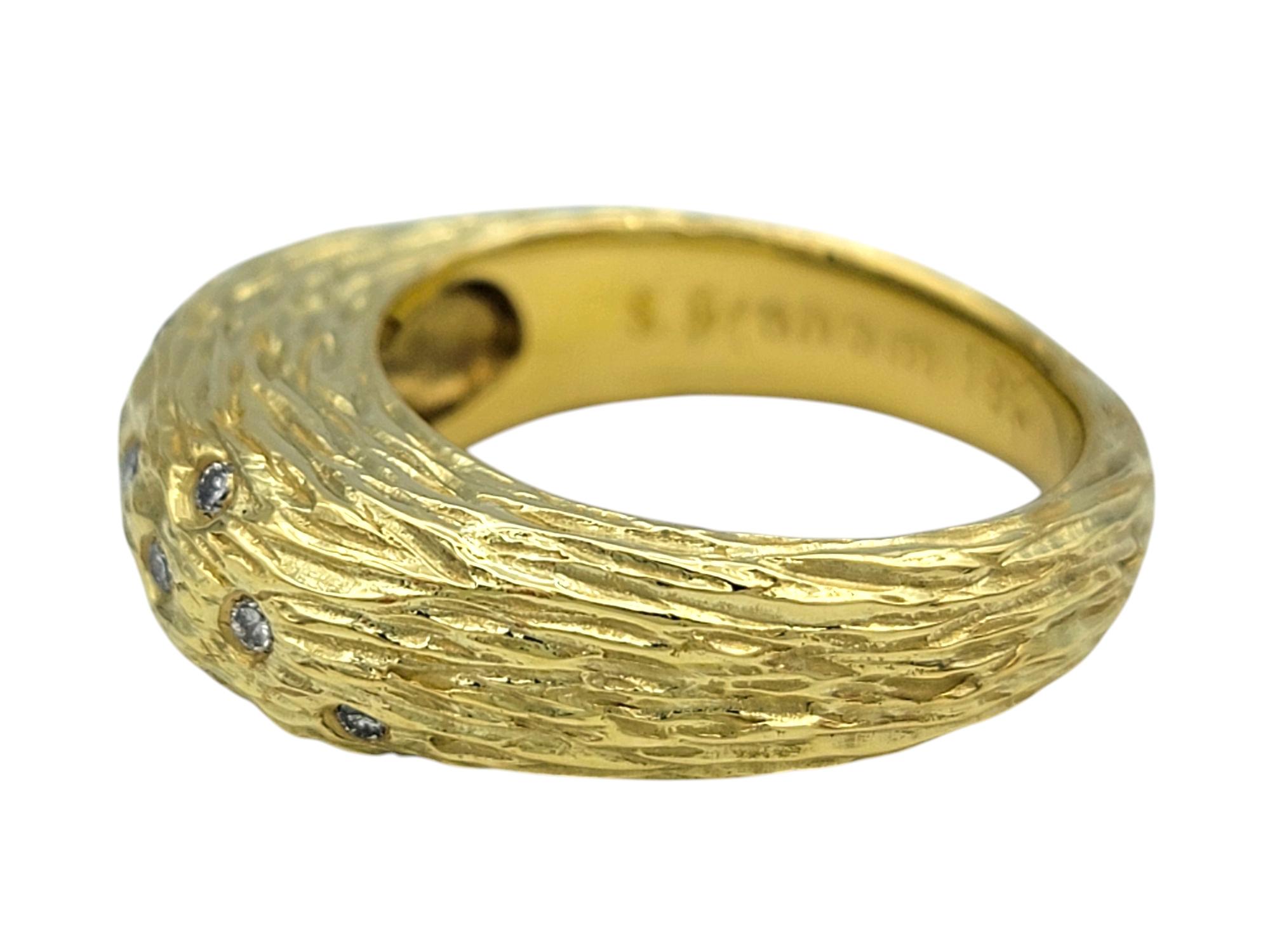 Women's Sarah Graham Textured Band Ring with Round Diamonds in 18 Karat Yellow Gold For Sale