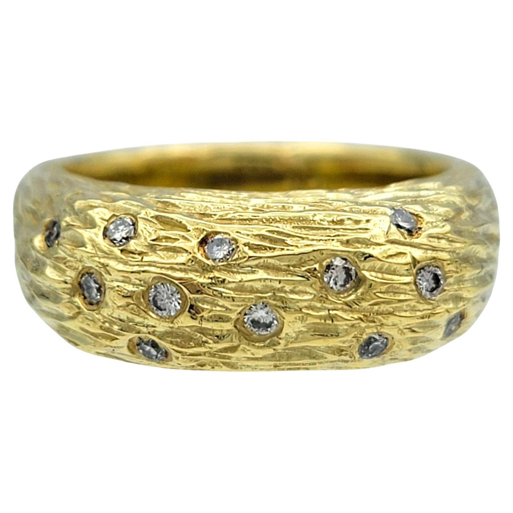Sarah Graham Textured Band Ring with Round Diamonds in 18 Karat Yellow Gold For Sale