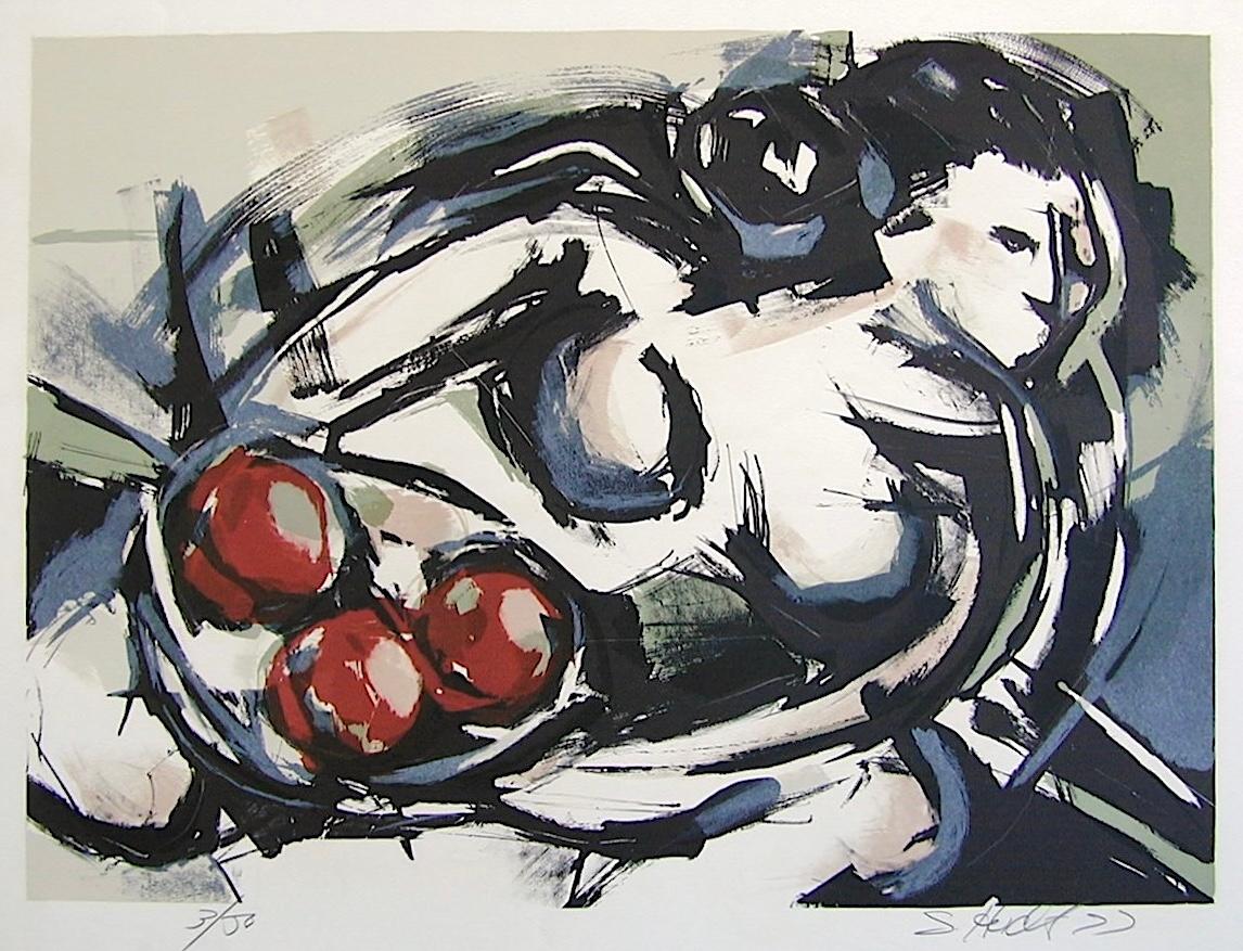 DESNUDO FEMENINO CON FRUTA Litografía firmada, Abstracto modernista, Desnudo expresionista - Print de Sarah Heidt