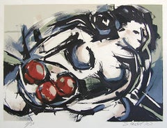 FEMALE NUDE WITH FRUIT Signed Lithograph, Modernist Figure, Expressionist Woman