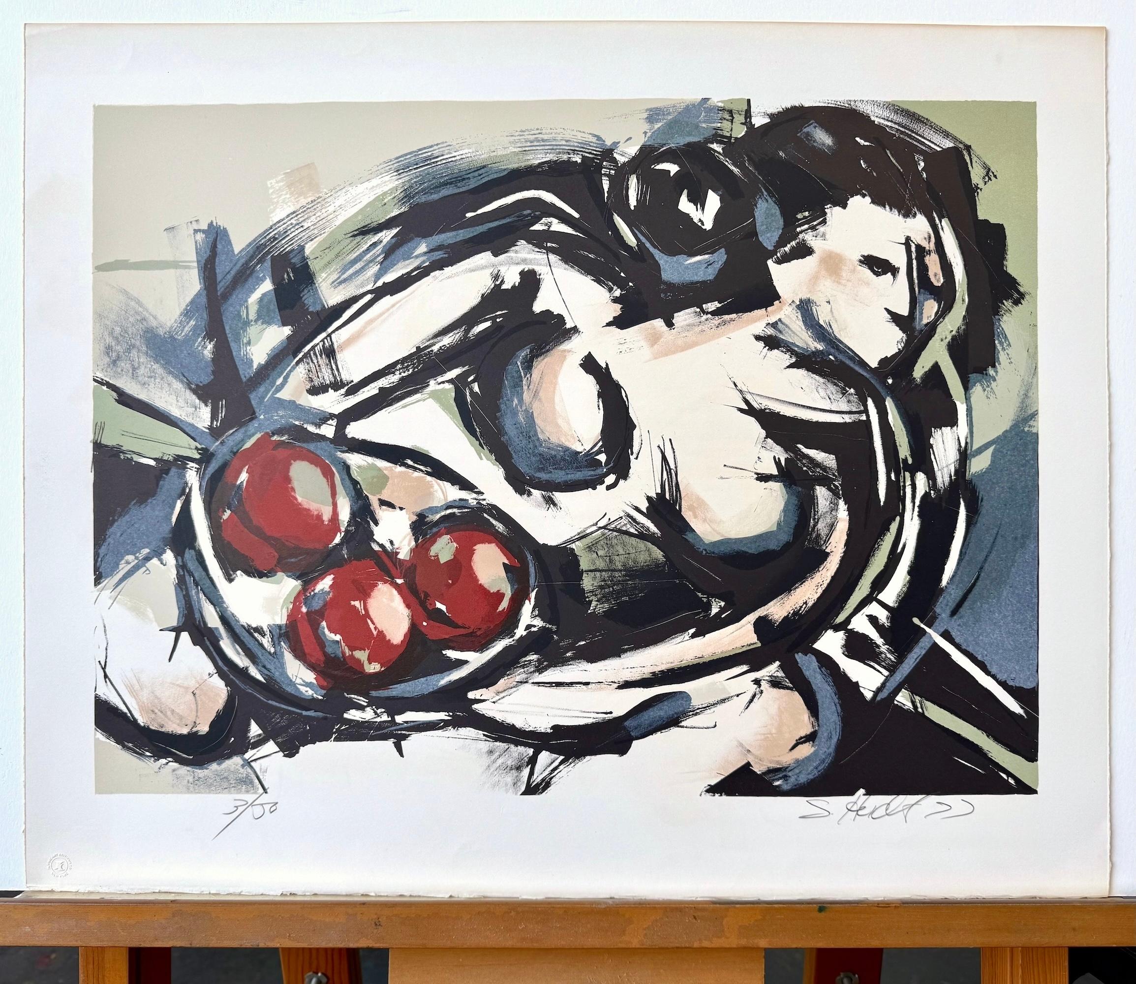 FEMALE NUDE WITH FRUIT Signierte Lithographie, Modernistische abstrakte, expressionistische Aktdarstellung im Angebot 3