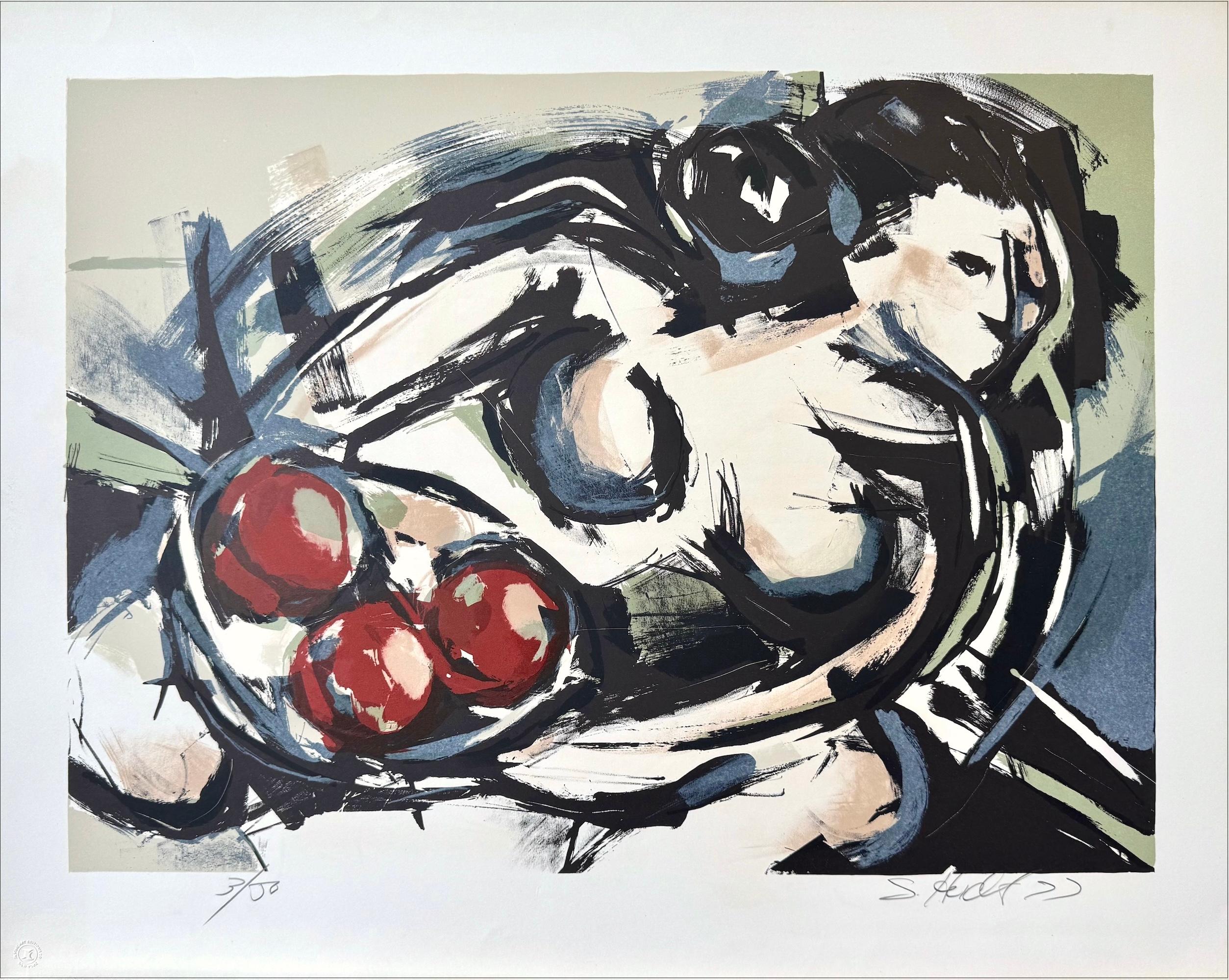Sarah Heidt Nude Print – FEMALE NUDE WITH FRUIT Signierte Lithographie, Modernistische abstrakte, expressionistische Aktdarstellung