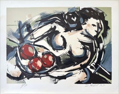 FEMALE NUDE WITH FRUIT Signed Lithograph, Modernist Figure, Expressionist Woman