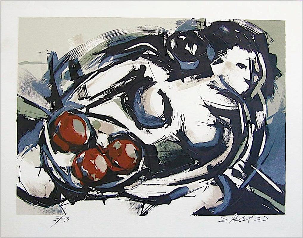 Sarah Heidt Nude Print – FEMALE NUDE WITH FRUIT Signierte Lithographie:: Modernistische abstrakte Nackt-Schale mit Obstschale