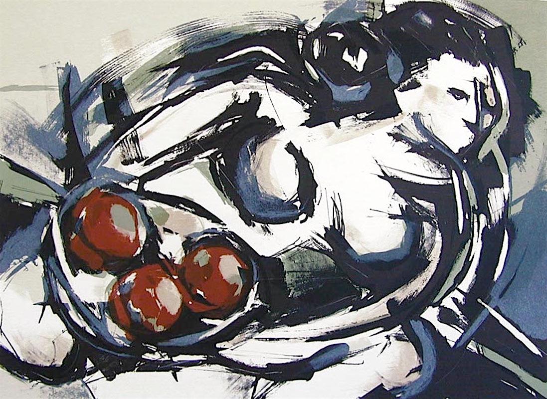 FEMALE NUDE WITH FRUIT Signed Lithograph, Modernist Abstract Nude w Fruit Bowl - Print by Sarah Heidt