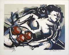 Retro FEMALE NUDE WITH FRUIT Signed Lithograph, Modernist Abstract Nude w Fruit Bowl