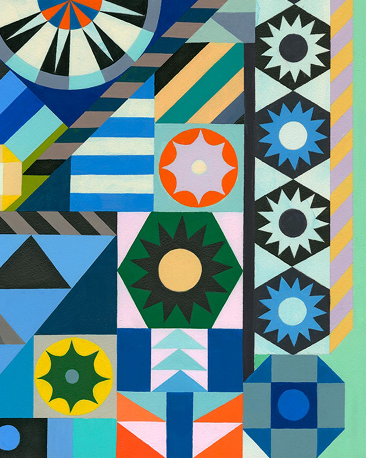 Sarah Helen More, 167th & Division, quilt-inspired, bright, geometric painting  For Sale 1