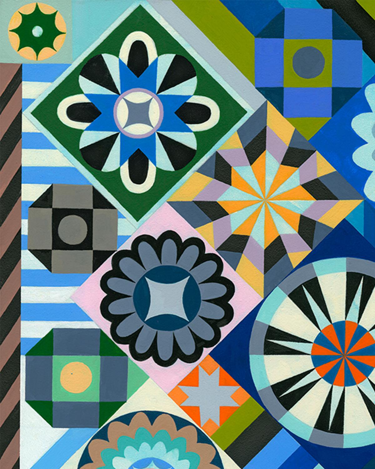 Sarah Helen More, 167th & Division, quilt-inspired, bright, geometric painting  For Sale 2