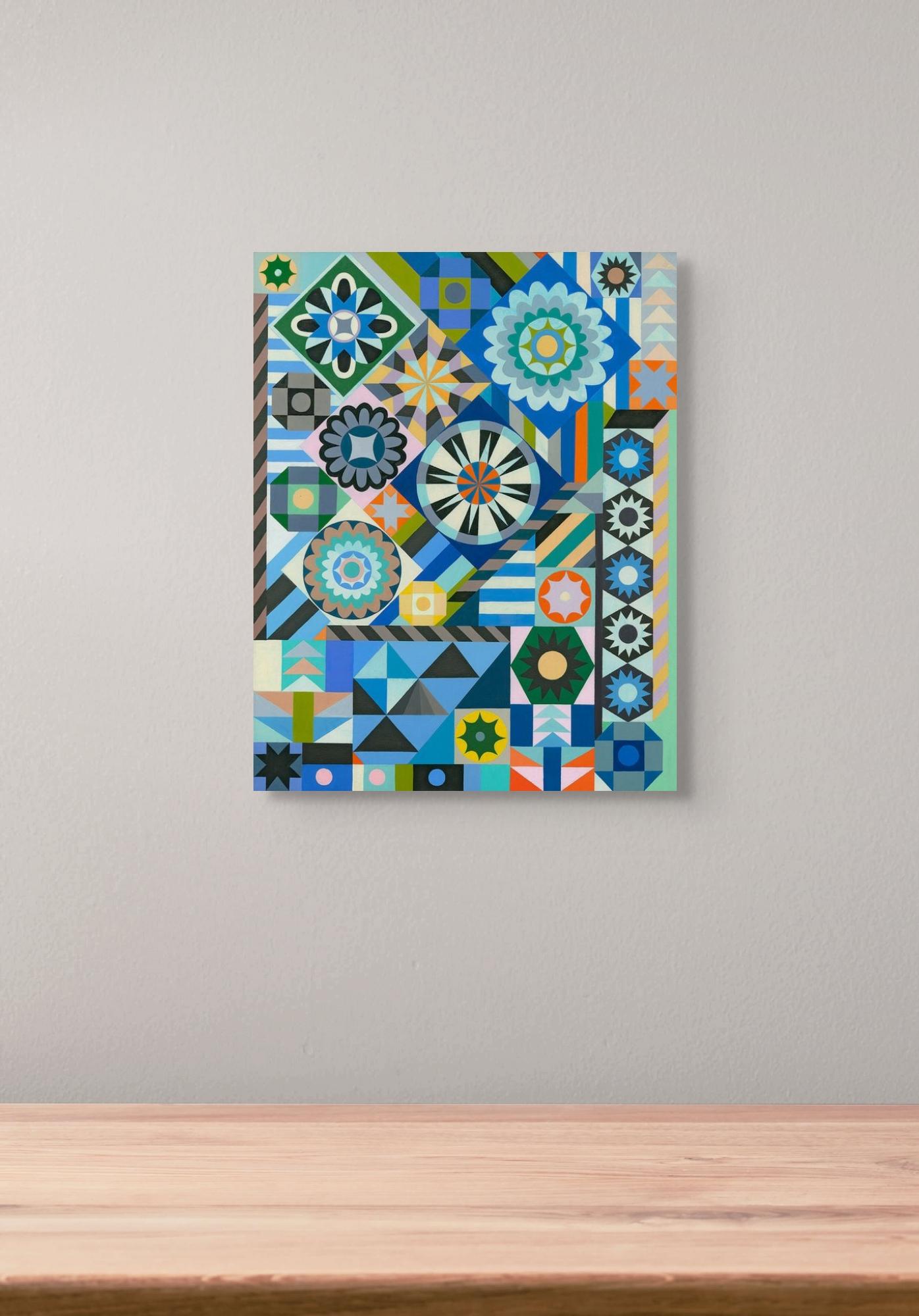 Sarah Helen More, 167th & Division, quilt-inspired, bright, geometric painting  For Sale 3