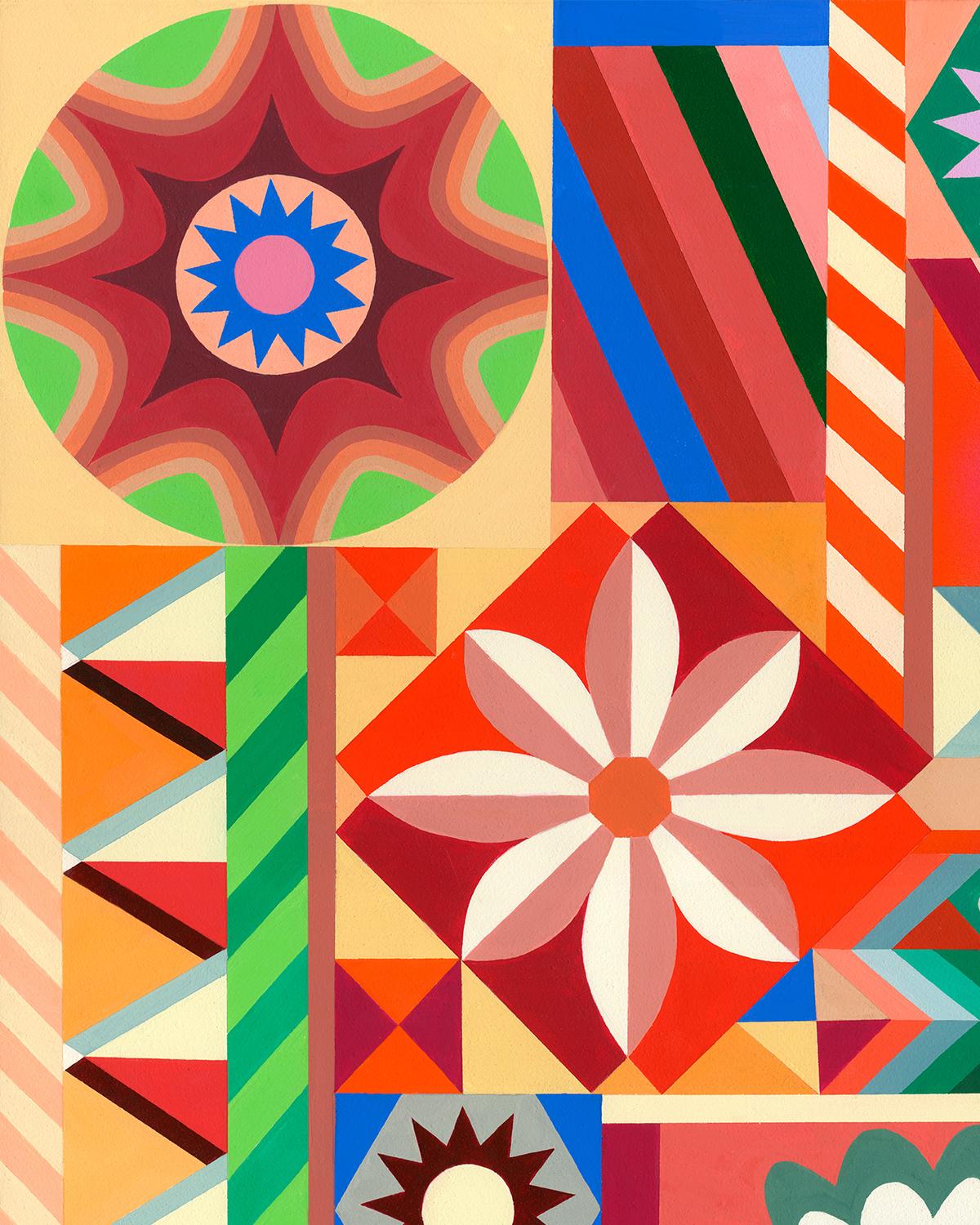 Sarah Helen More, Foolin' Around, Quilt-inspiriertes, helles, geometrisches Gemälde im Angebot 1