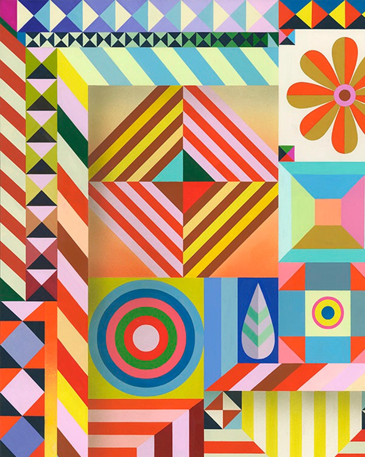 Sarah Helen More, Hide-and-Seek, quilt-inspired, bright, geometric painting  For Sale 1
