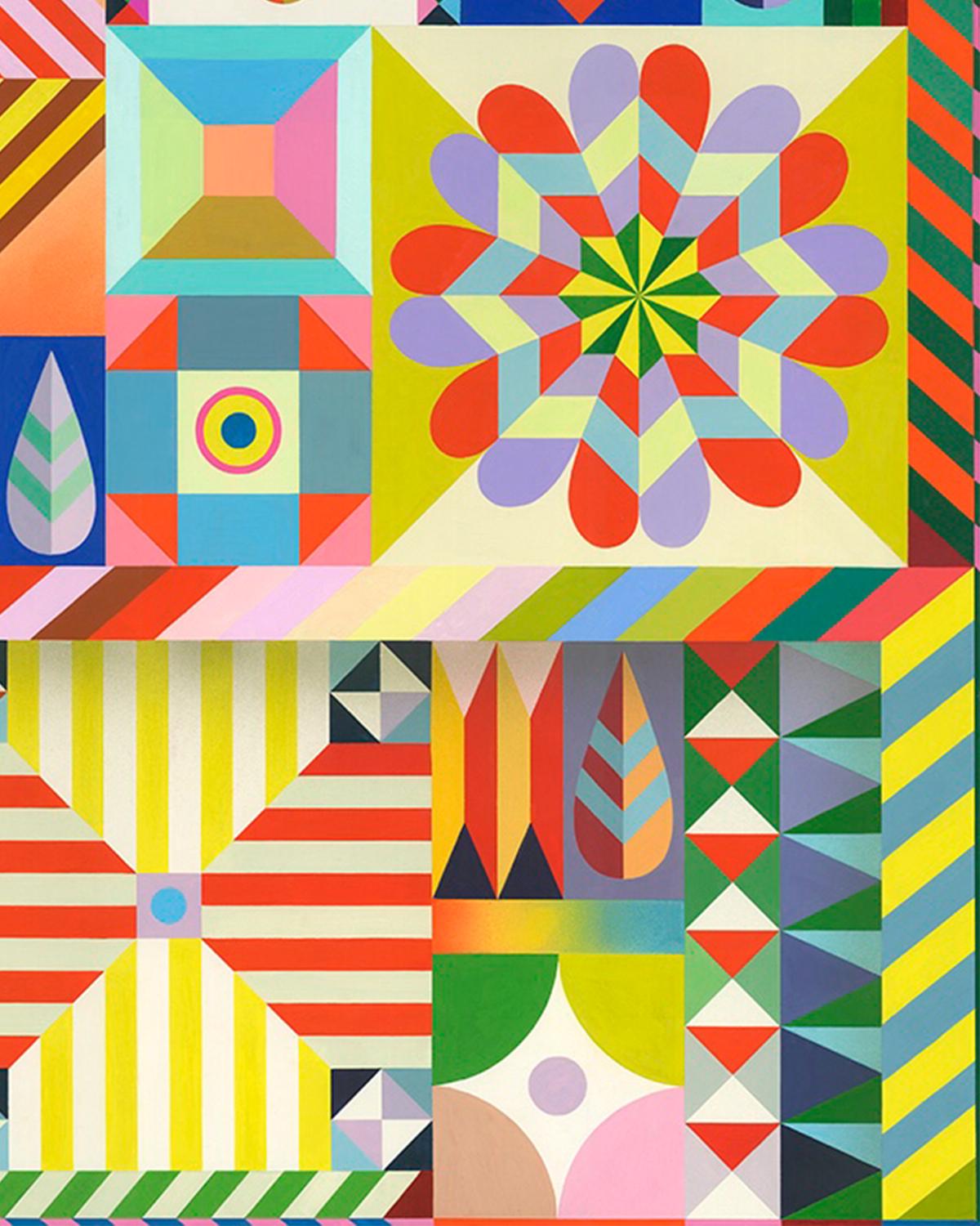 Sarah Helen More, Hide-and-Seek, quilt-inspired, bright, geometric painting  For Sale 2