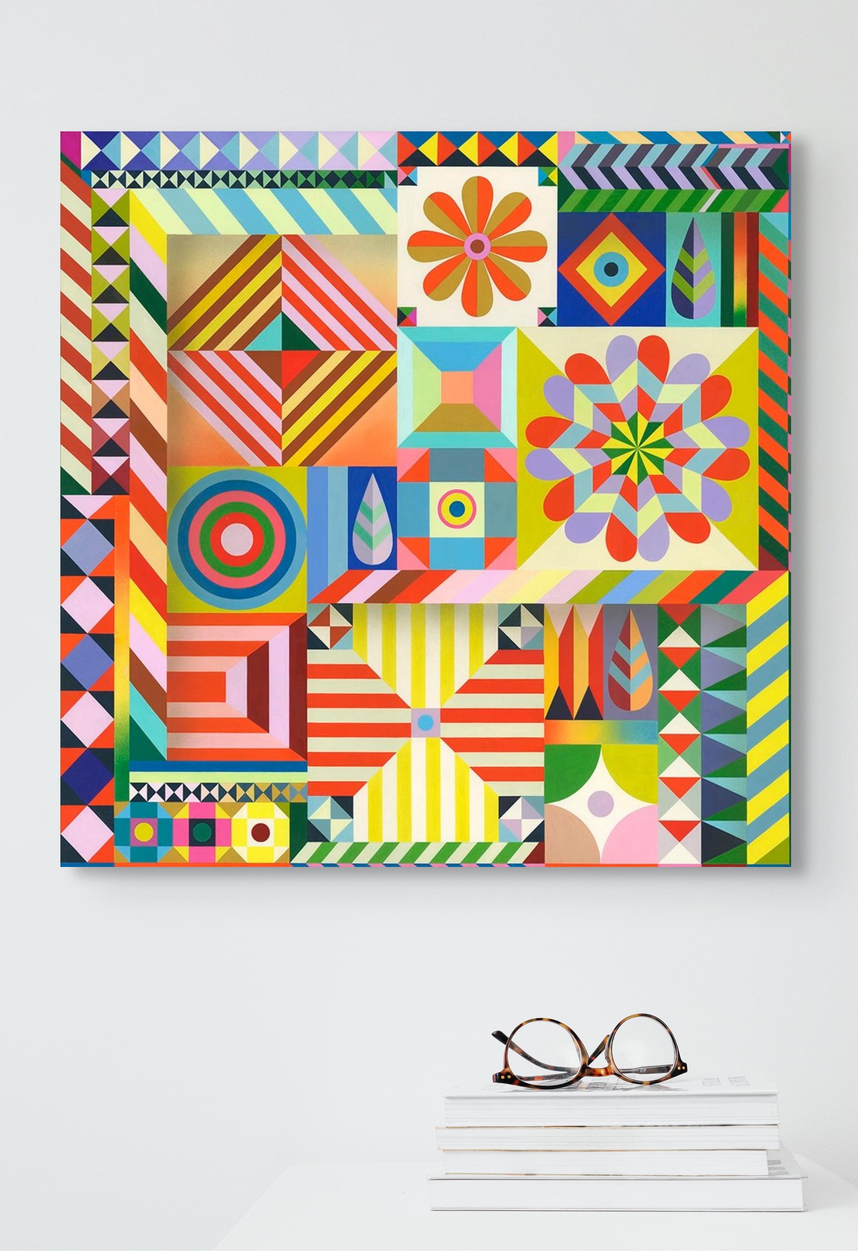 Sarah Helen More, Nascondino, pittura geometrica ispirata al quilt, luminosa e brillante in vendita 3