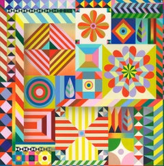 Sarah Helen More, Nascondino, pittura geometrica ispirata al quilt, luminosa e brillante