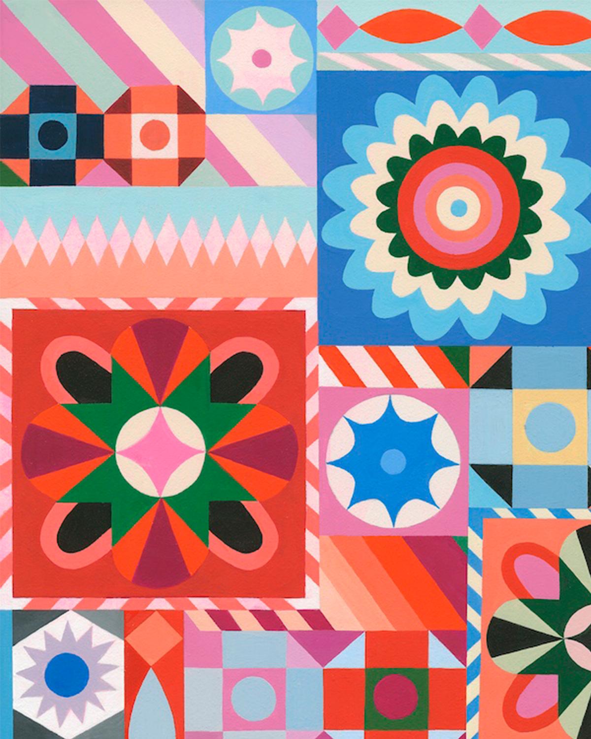 Sarah Helen More, Sweetie, pittura geometrica luminosa ispirata alla trapunta in vendita 1