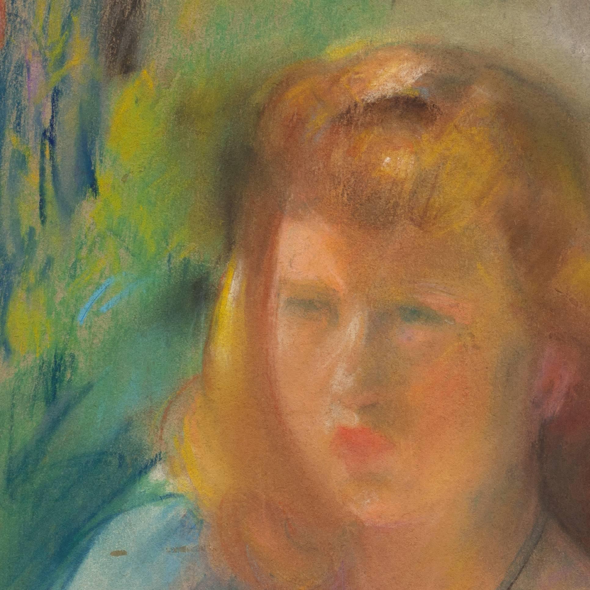A sensitively drawn pastel study of a young woman with red hair shown wearing a blue dress and gazing to the viewers right.

Signed lower left, 'Sarah H. Hobson' and painted circa 1935.

Sarah Villarette Hoover Hobson studied at the Art Institute of