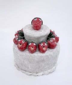 Happy Birthday (2022), Glazed ceramic cake sculpture with strawberry faces