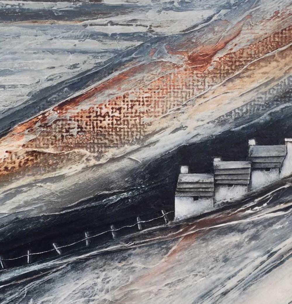 Company on the Hillside - Contemporary Rural Landscape: Framed Mixed Media - Painting by Sarah Jack