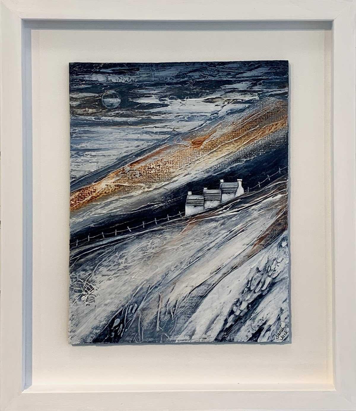 Company on the Hillside - Contemporary Rural Landscape: Framed Mixed Media - Gray Landscape Painting by Sarah Jack
