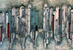 The Risks of the Watermen - contemporary textured mixed media townscape painting