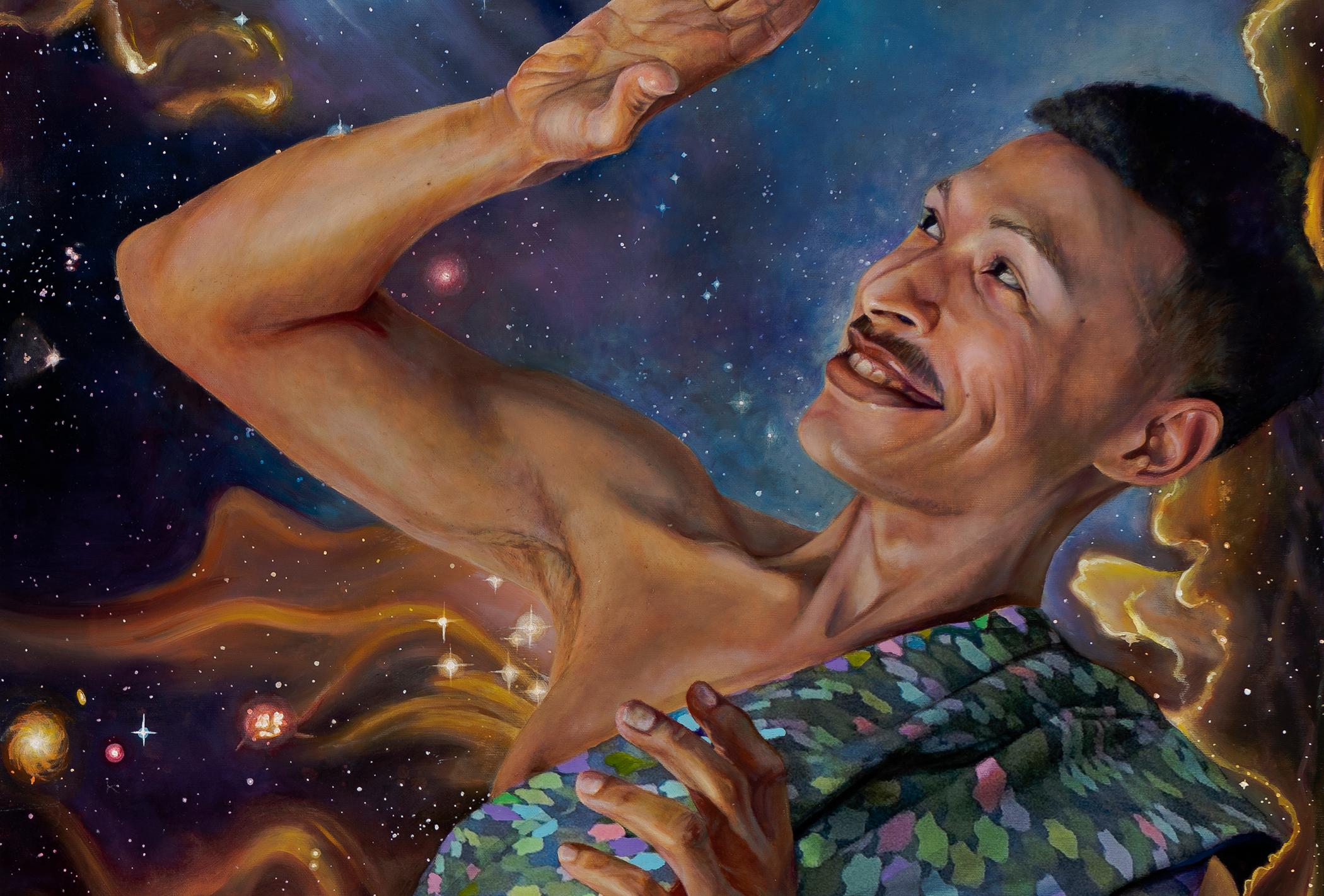 Atlas Servido, Pintura al óleo original contemporánea de narrativa lúdica surrealista - Painting Surrealista de Sarah Jacobs