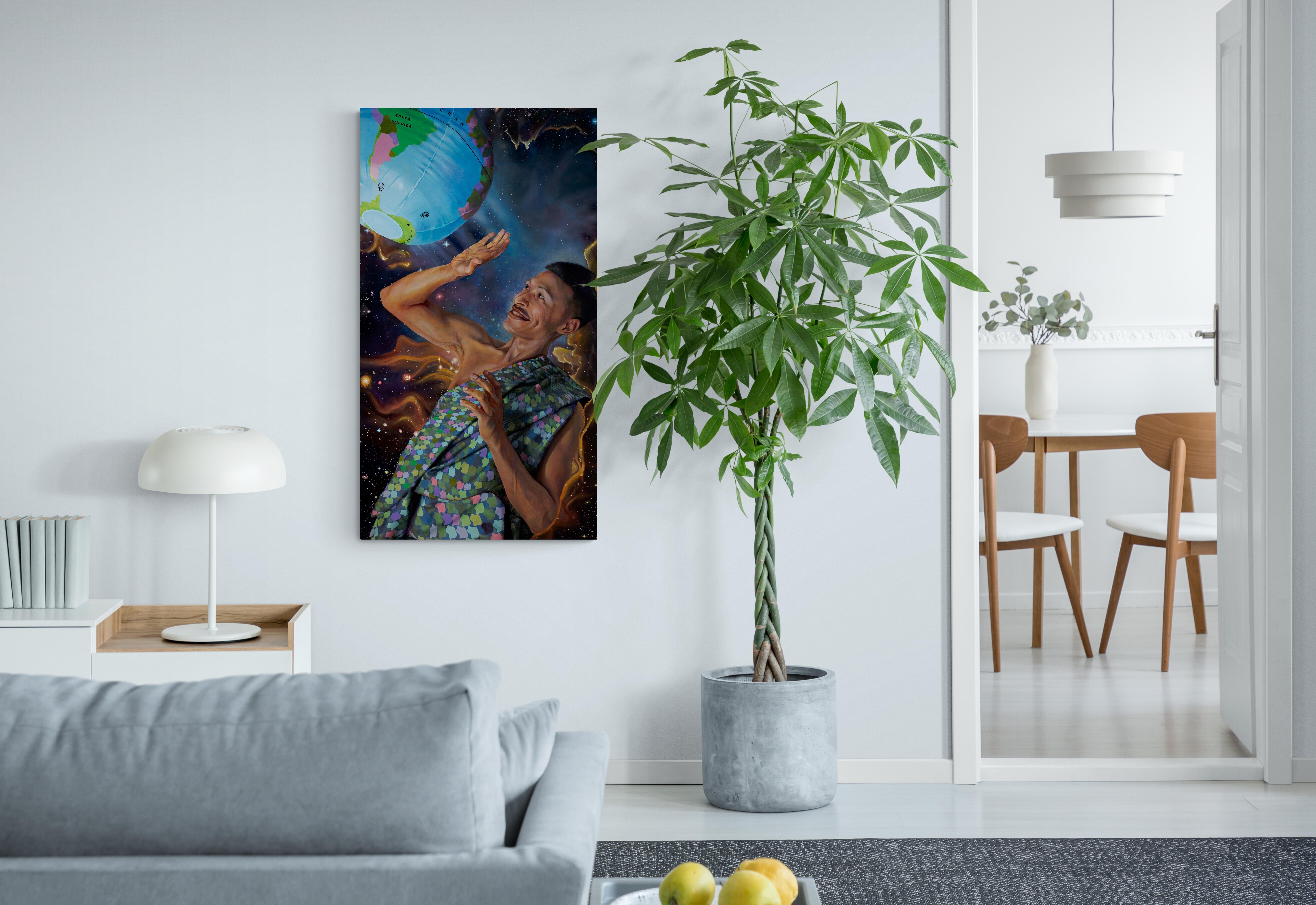 Atlas Servido, Pintura al óleo original contemporánea de narrativa lúdica surrealista 1