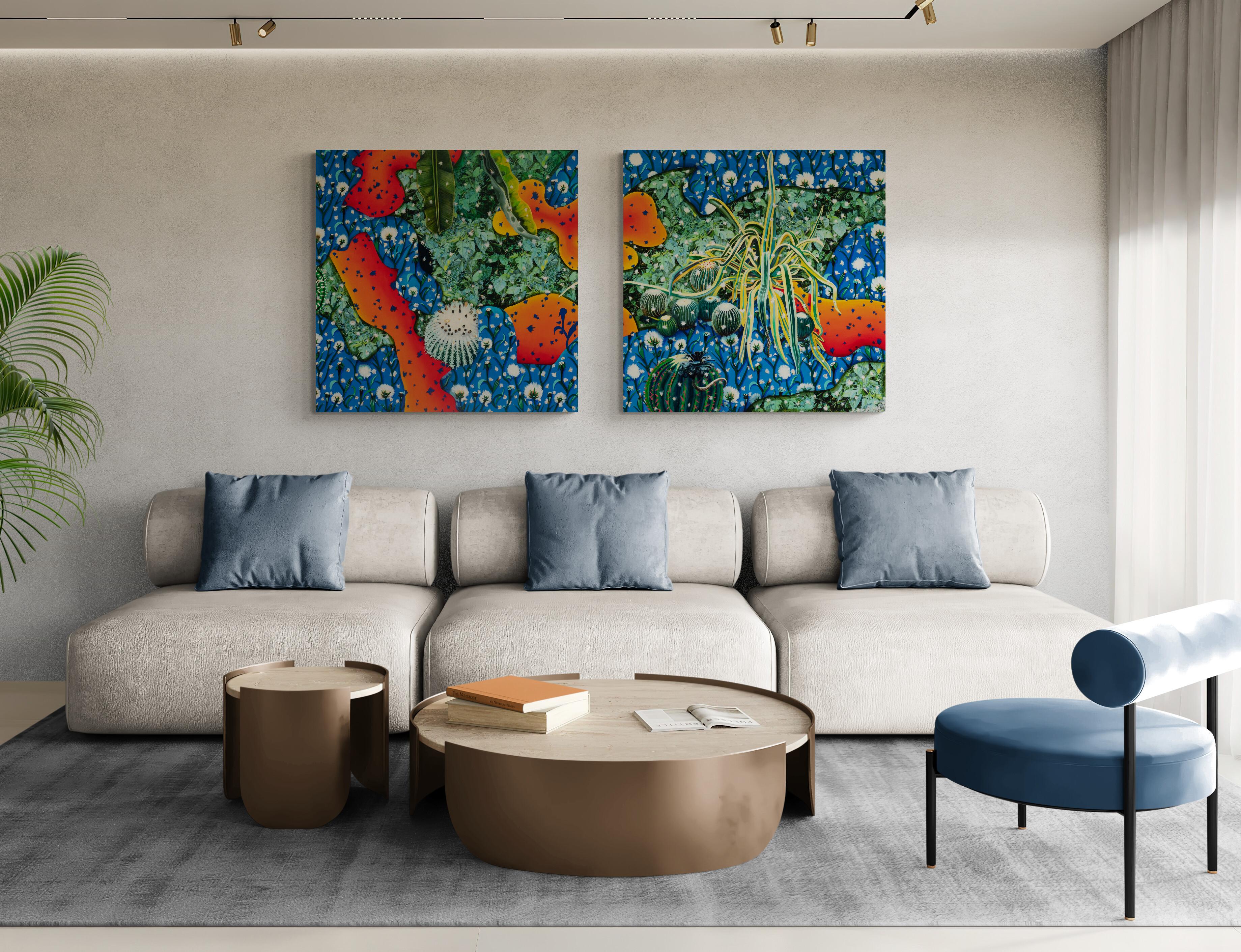 Touchy-Feely, Original Contemporary Nature-Inspired Surrealist Diptych Painting 5