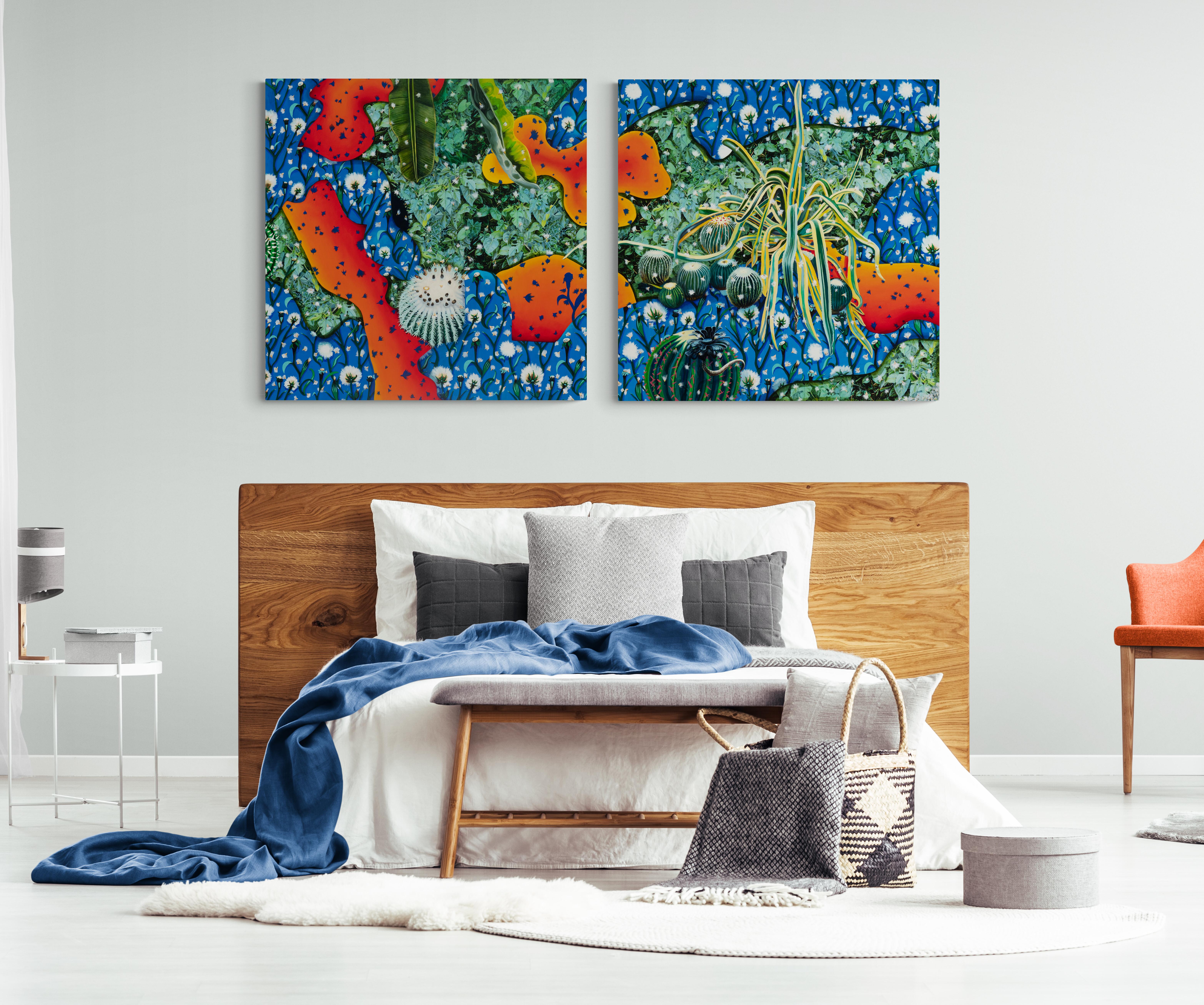 Touchy-Feely, Original Contemporary Nature-Inspired Surrealist Diptych Painting 6