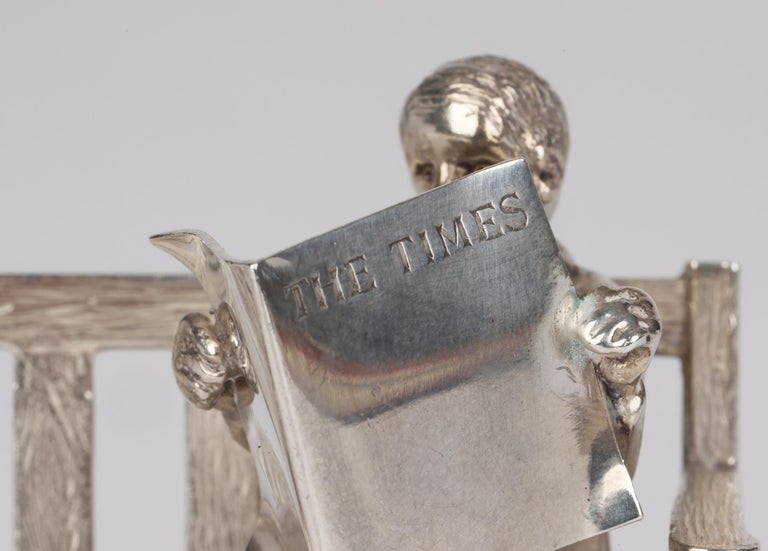 Late 20th Century Sarah Jones the Times Silver Novelty Figure Sat on a Park Bench