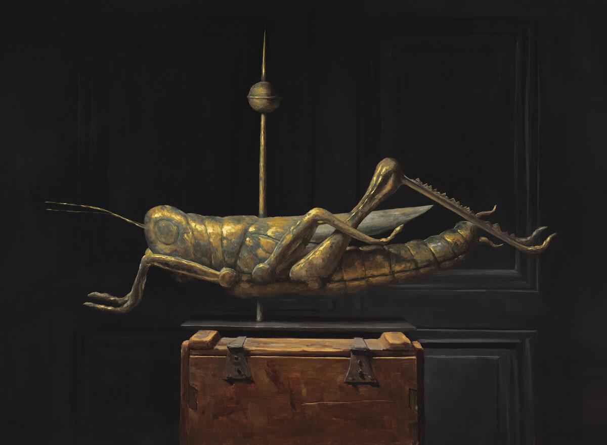 Sarah Lamb Still-Life Painting - "Antique Grasshopper Weathervane" oil painting, poetic realist, still life