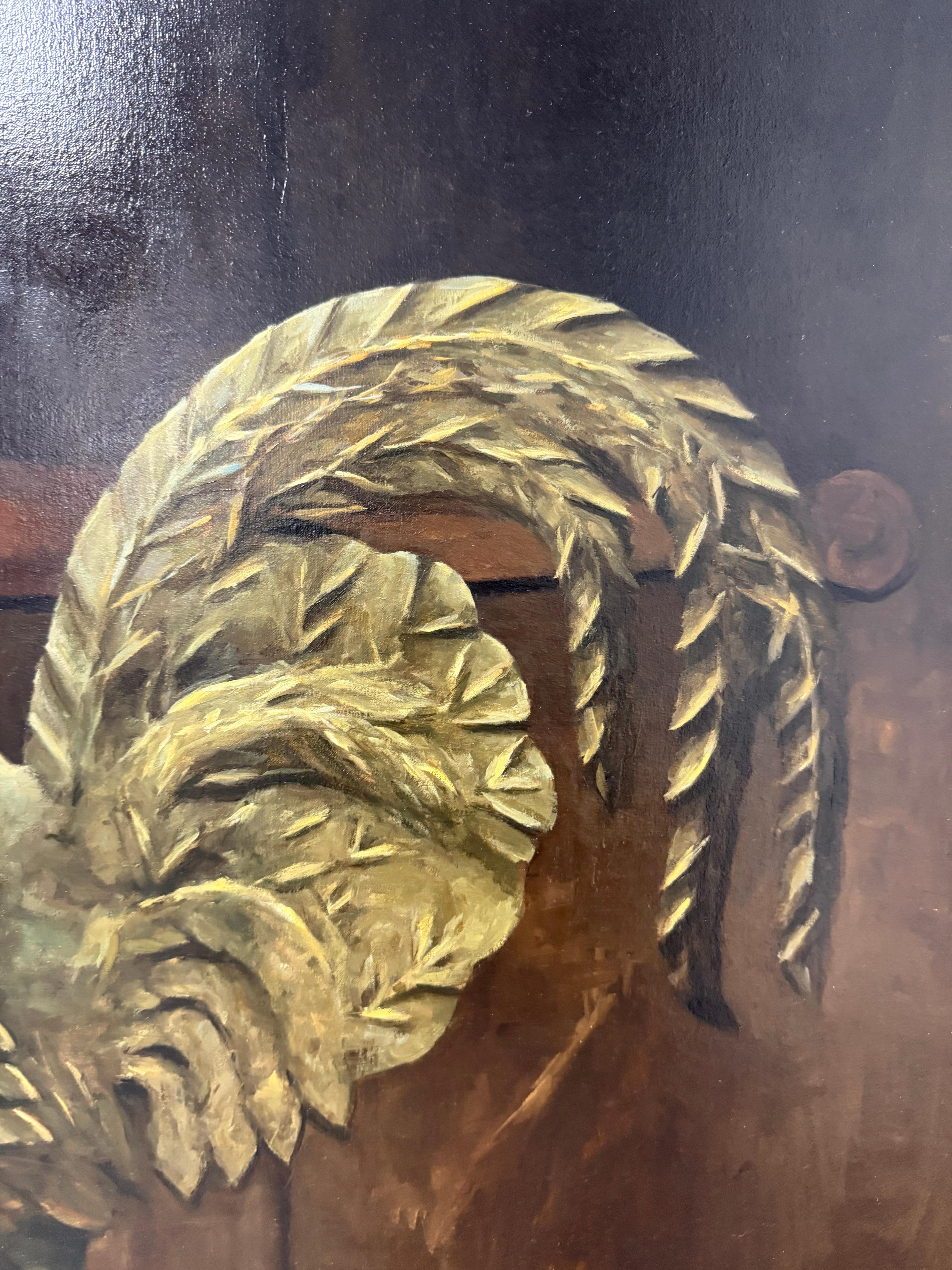 An oil painting of an antique weathervane in the shape of a rooster. Situated on a rustic wooden trunk, and lit from above, Lamb makes a refined icon of a humble farm's barn accessory. 

Signed 