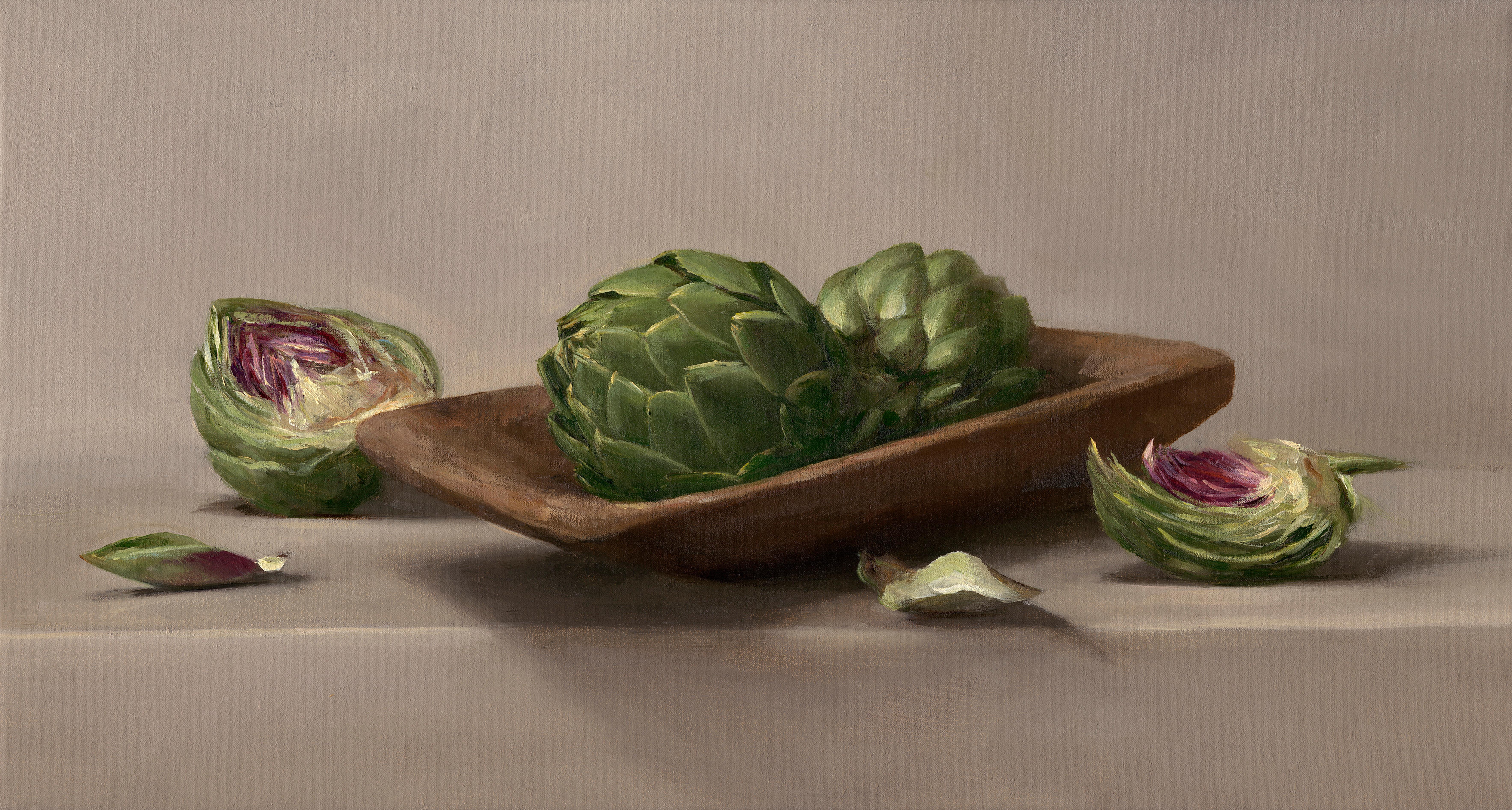 "Artichokes" contemporary realist oil painting still life, green and purple hues