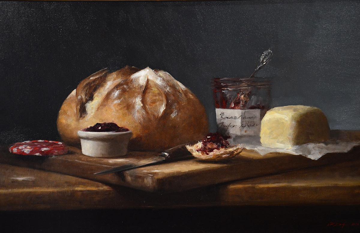 Bonne Maman and Butter (still life, bread, butter, dark colors) - Painting by Sarah Lamb