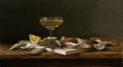 "Champagne & Oysters" - Still Life - American Realist Painting - dark and moody