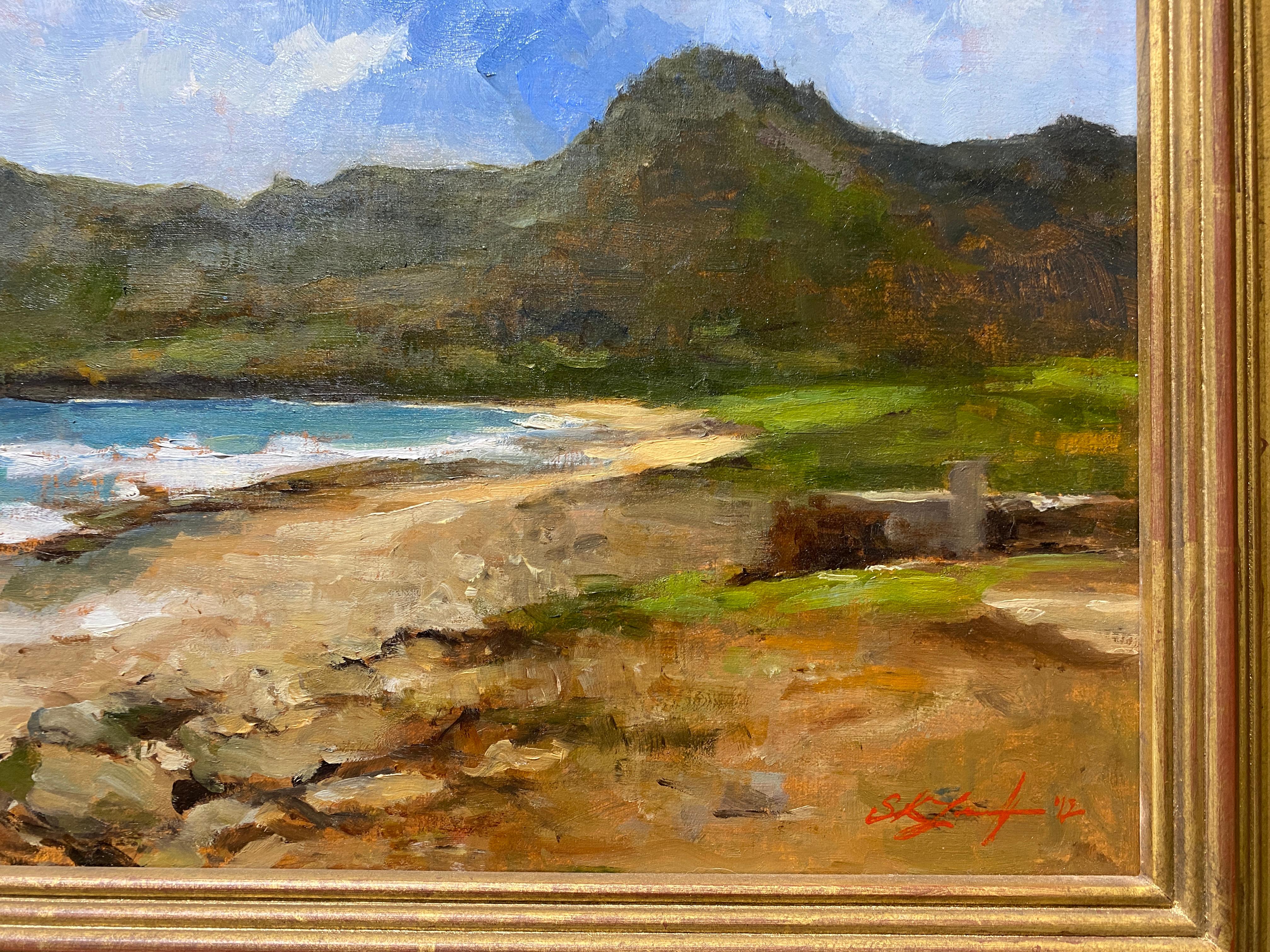 An oil painting of a St. Barths landscape by Contemporary Realist painter, Sarah Lamb. Anse de Grand Fond is a beach in Sant Barthelemy, covered with stunning shells and coral. A quiet coastline of rocks and natural caribbean treasures. 

Artist